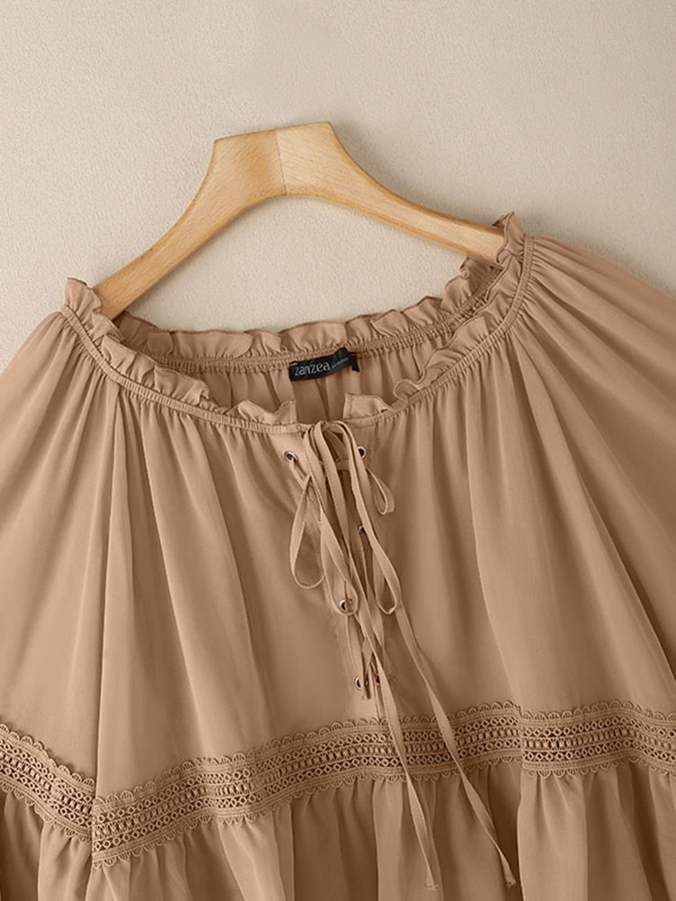 ZANZEA Women Vintage Chiffon Blouse Casual Loose 3/4 Flare Sleeve Short Tops 2025 Summer Seethrough V-neck Pleating Blusas Femme - Image 5