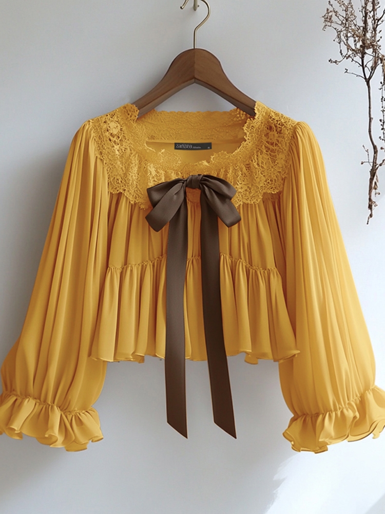 ZANZEA Women Vintage Chiffon Blouse Casual Loose 3/4 Flare Sleeve Short Tops 2025 Summer Seethrough V-neck Pleating Blusas Femme - Image 7