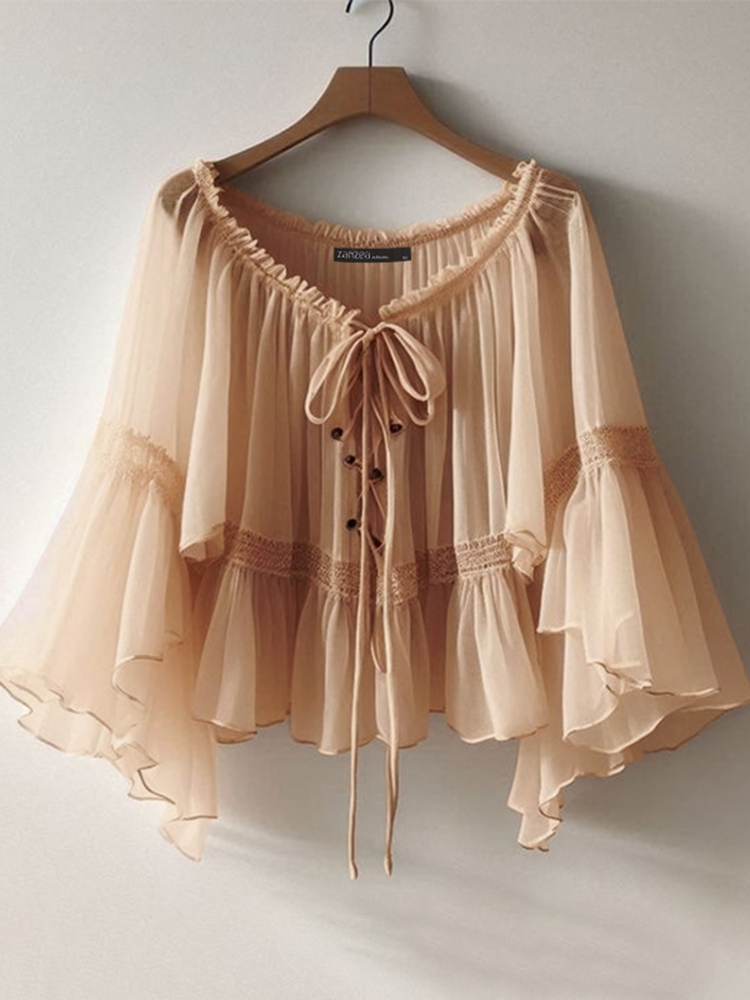 ZANZEA Women Vintage Chiffon Blouse Casual Loose 3/4 Flare Sleeve Short Tops 2025 Summer Seethrough V-neck Pleating Blusas Femme - Image 8