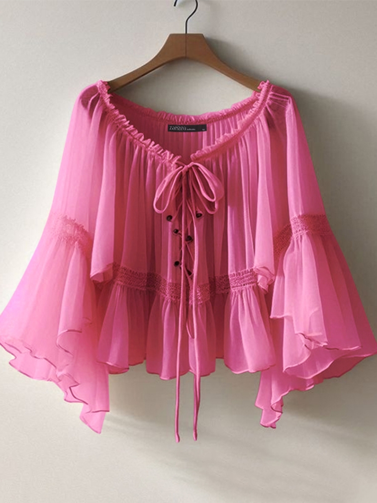 ZANZEA Women Vintage Chiffon Blouse Casual Loose 3/4 Flare Sleeve Short Tops 2025 Summer Seethrough V-neck Pleating Blusas Femme - Image 9