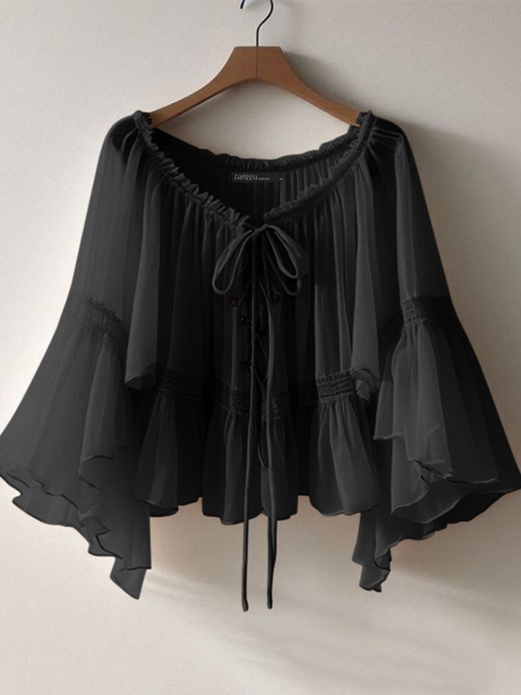 ZANZEA Women Vintage Chiffon Blouse Casual Loose 3/4 Flare Sleeve Short Tops 2025 Summer Seethrough V-neck Pleating Blusas Femme - Image 10