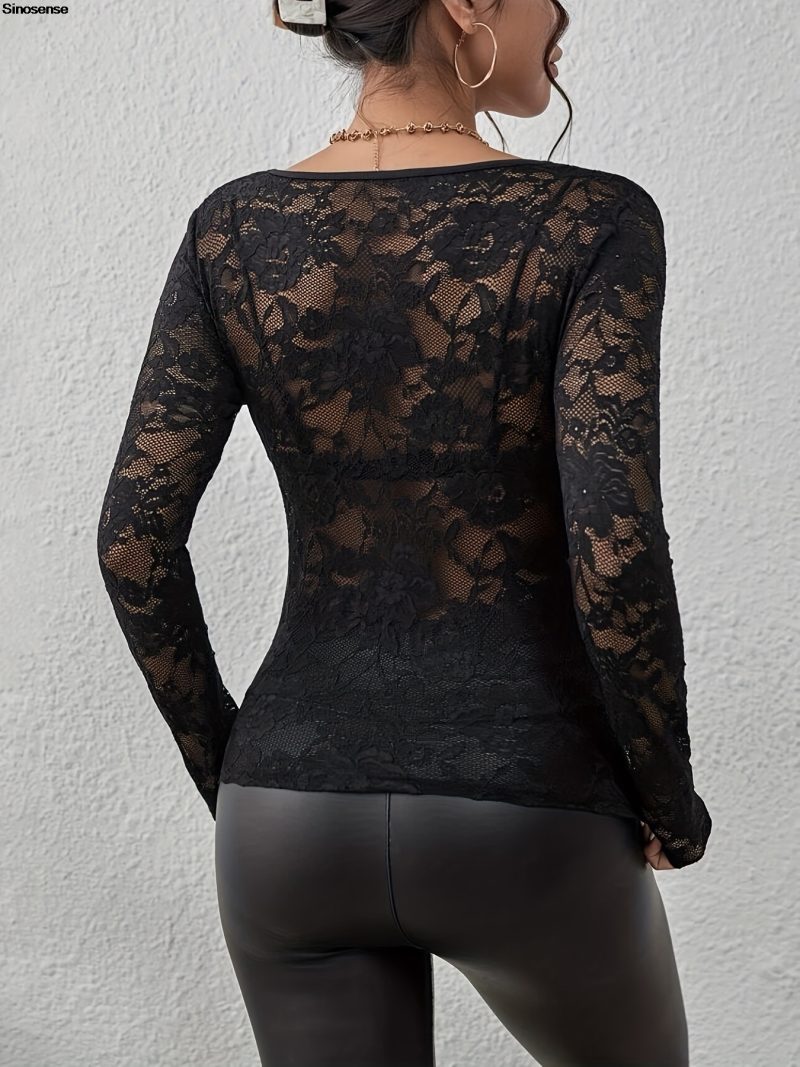 Women Long Sleeve Sheer Mesh Blouse Sexy See Through V Neck Floral Lace Shirt Y2K Daily Wear Street Dating Night Club Party Tops - Image 4