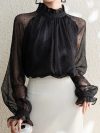 Spring Summer Black Polka Dots Mesh Women's Chiffon Blouses 2025 New Long Sleeve Stand Collar Vintage Loose Shirts Female