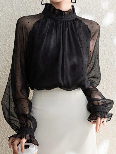 Spring Summer Black Polka Dots Mesh Women's Chiffon Blouses 2025 New Long Sleeve Stand Collar Vintage Loose Shirts Female