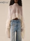 TWOTWINSTYLE Solid Loose Sheer Blouses for Women High Neck Long Sleeves Patchwork Ruffles Folds Elegant Blouse Female Clothing