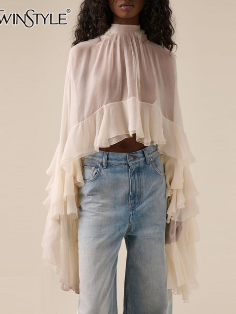 TWOTWINSTYLE Solid Loose Sheer Blouses for Women High Neck Long Sleeves Patchwork Ruffles Folds Elegant Blouse Female Clothing