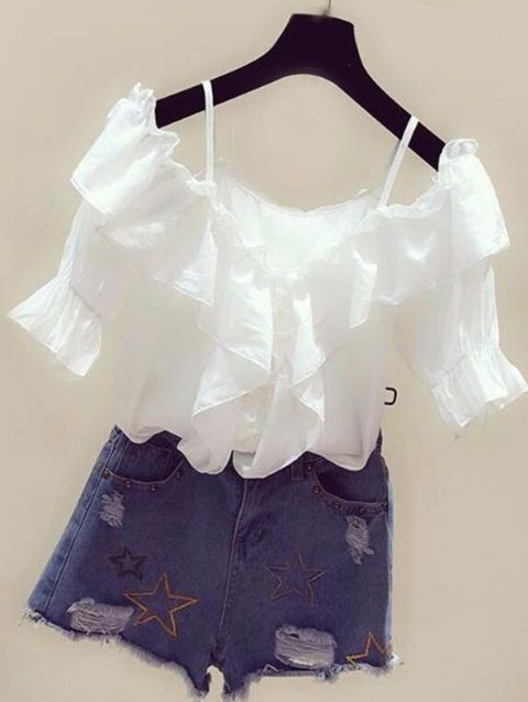 Ruffle Youth Elegant Blouses Tops Women Fashion Low Cut Blouse Summer Chiffon Shirt Pretty Bebeautiful Clothes