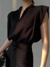 Black V-neck Short Shirt Summer Crop Top Women's Fashion Sleeveless Shirts Elegant Office Lady Clothes Top Casual Blouse