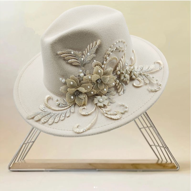 Embroidered three-dimensional flower fedora hat Women's jazz top hat Spring and autumn panama church fashion elegant wedding Hat - Image 15