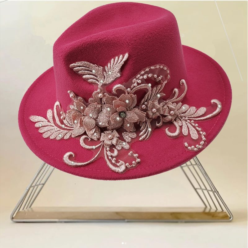 Embroidered three-dimensional flower fedora hat Women's jazz top hat Spring and autumn panama church fashion elegant wedding Hat - Image 25