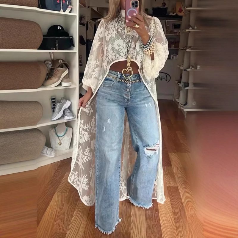 Spring Summer Fashion Solid Color Lace Blouses Women Sexy Perspective High Neck Irregular Holiday Tops Elegant Dress Women Y2k