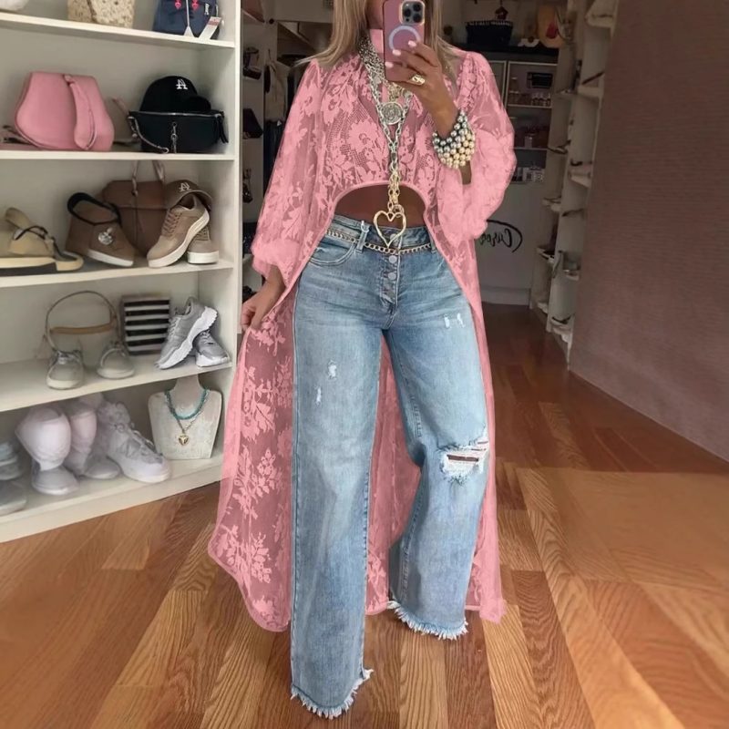 Spring Summer Fashion Solid Color Lace Blouses Women Sexy Perspective High Neck Irregular Holiday Tops Elegant Dress Women Y2k - Image 3