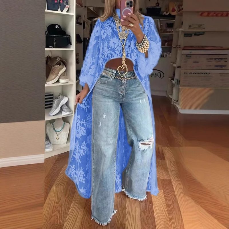 Spring Summer Fashion Solid Color Lace Blouses Women Sexy Perspective High Neck Irregular Holiday Tops Elegant Dress Women Y2k - Image 4