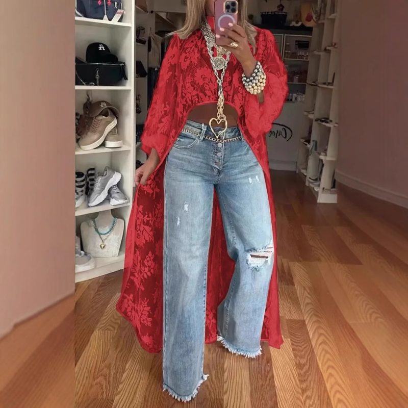 Spring Summer Fashion Solid Color Lace Blouses Women Sexy Perspective High Neck Irregular Holiday Tops Elegant Dress Women Y2k - Image 5