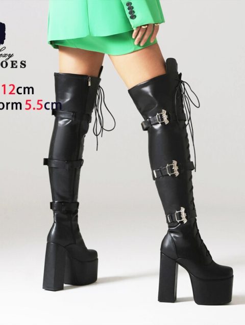 2024 New Winter Long Boots Women Over-the-Knee Black Shoes Gothic Style Thigh High Boots Block Heel Platform Shoes Botas Size 43