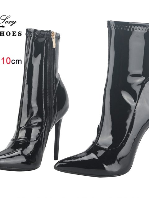 10CM Women Ankle Boots Side Zipper Thin Heels Short Boot Glossy Patent Leather High Heels Office Autumn Shoes For Woman Footwear
