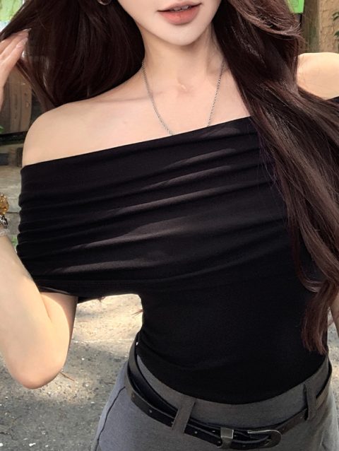 One Shoulder Tops Women Premium Black Short Sleeve Strapless Niche Design French Strapless Unique Beautiful