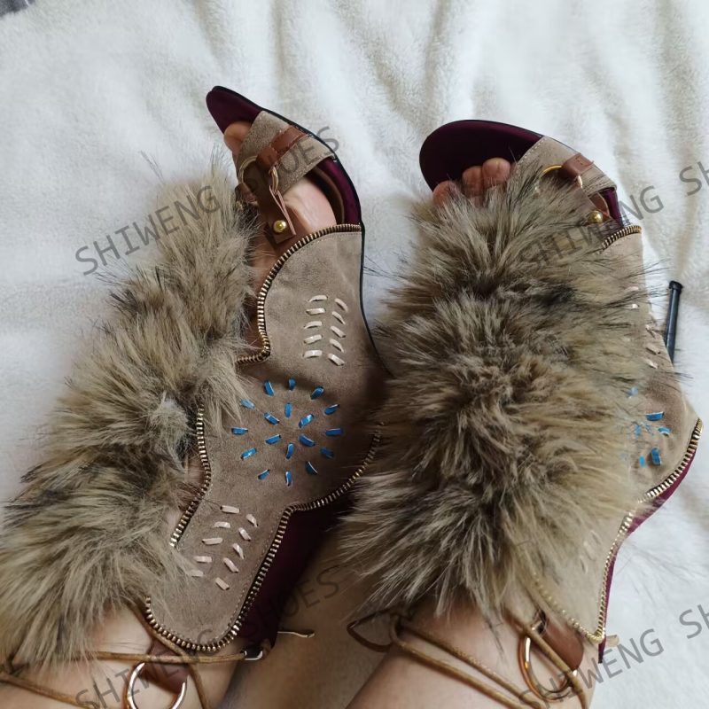 2025 Furry Belt Buckle Ankle Boots Women Sweet Fashion Boots Lace Up High Heeled Shoes Ladies Nifty Party Big Size Boots 44 - Image 5