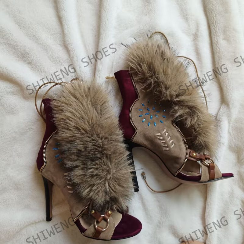 2025 Furry Belt Buckle Ankle Boots Women Sweet Fashion Boots Lace Up High Heeled Shoes Ladies Nifty Party Big Size Boots 44 - Image 6