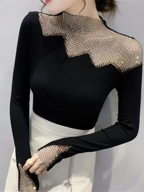 Summer European Clothes Lady Hollow out Blouse Shirts Chic Sexy Patchwork Shiny Diamonds Women Tops Long Sleeve Tops