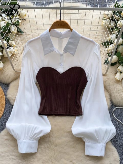 SINGREINY Senior Gentle OL Blouse Female Polo Collar Lantern Sleeves Patchwork Chic Shirts Autumn Light Luxury Vintage Short Top