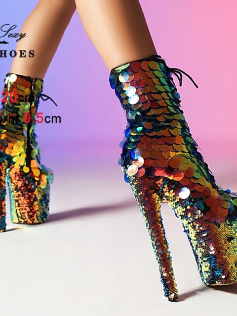 Women Ankle Boots Sequined Platform Zip Glitter 20cm Thin High Heels Booties Pole Dance Shoes Woman 8Inch Nightclub Sexy Boots