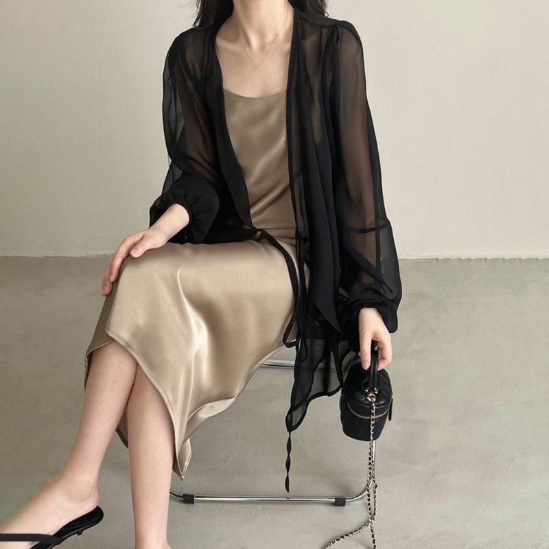 Women Summer Chiffon Cardigan V-neck Lantern Long Sleeve Chiffon Top See-through Irregular Hem Shawl Coat Women Chiffon Cover-up