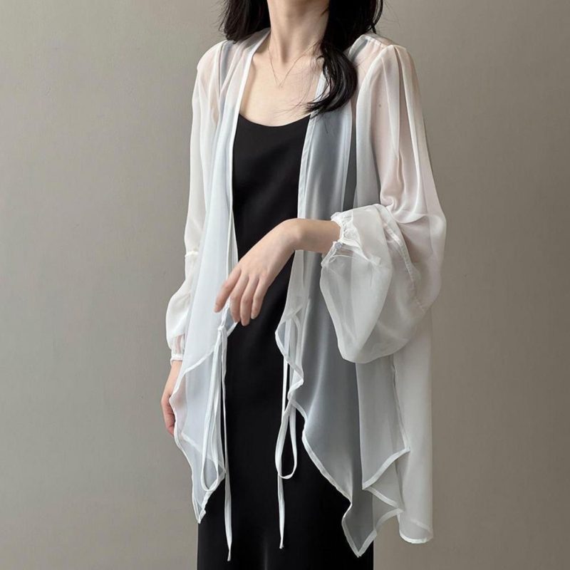 Women Summer Chiffon Cardigan V-neck Lantern Long Sleeve Chiffon Top See-through Irregular Hem Shawl Coat Women Chiffon Cover-up - Image 2