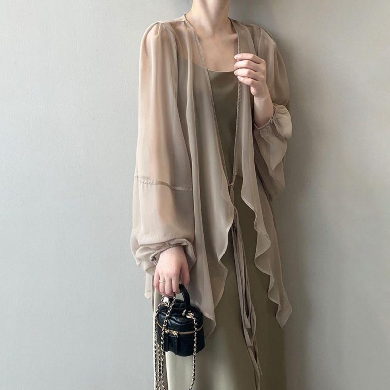 Women Summer Chiffon Cardigan V-neck Lantern Long Sleeve Chiffon Top See-through Irregular Hem Shawl Coat Women Chiffon Cover-up - Image 3
