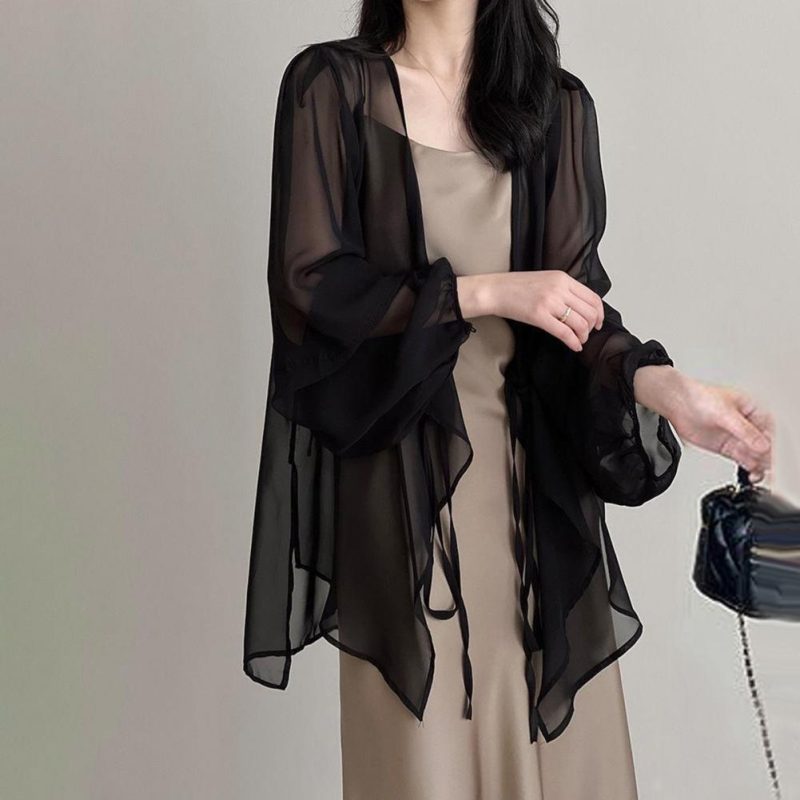 Women Summer Chiffon Cardigan V-neck Lantern Long Sleeve Chiffon Top See-through Irregular Hem Shawl Coat Women Chiffon Cover-up - Image 4