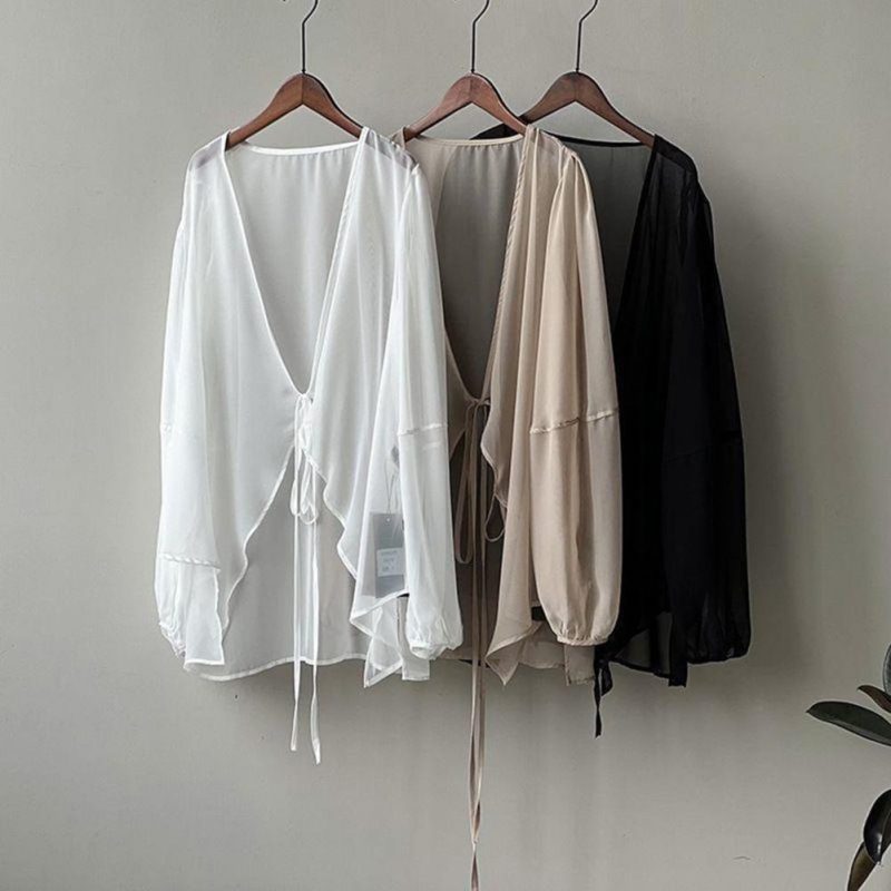 Women Summer Chiffon Cardigan V-neck Lantern Long Sleeve Chiffon Top See-through Irregular Hem Shawl Coat Women Chiffon Cover-up - Image 5