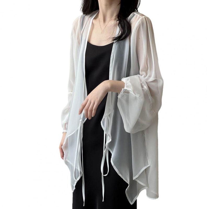Women Summer Chiffon Cardigan V-neck Lantern Long Sleeve Chiffon Top See-through Irregular Hem Shawl Coat Women Chiffon Cover-up - Image 7