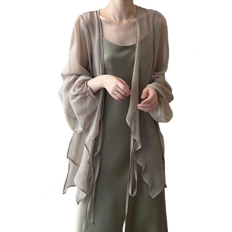 Women Summer Chiffon Cardigan V-neck Lantern Long Sleeve Chiffon Top See-through Irregular Hem Shawl Coat Women Chiffon Cover-up - Image 8