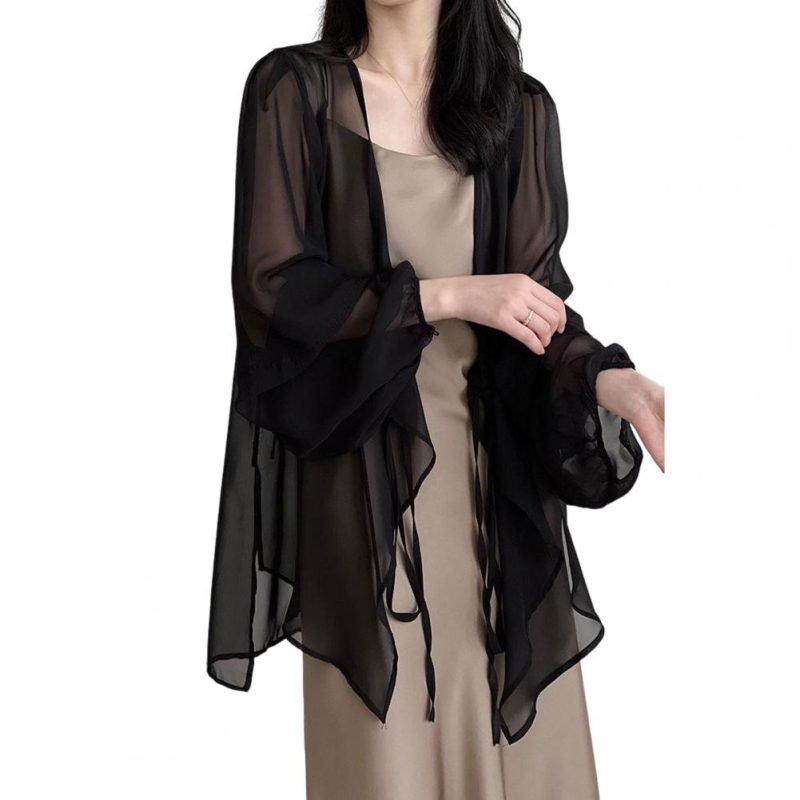 Women Summer Chiffon Cardigan V-neck Lantern Long Sleeve Chiffon Top See-through Irregular Hem Shawl Coat Women Chiffon Cover-up - Image 9
