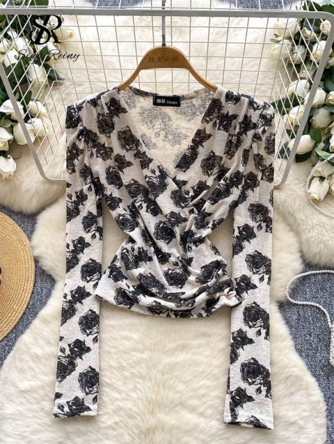 SINGREINY Fashion Gentle OL Print Blouse Women Cross V Neck Long Sleeve Hotsweet Crop Tops Senior Y2K Vintage Bottoming Shirt