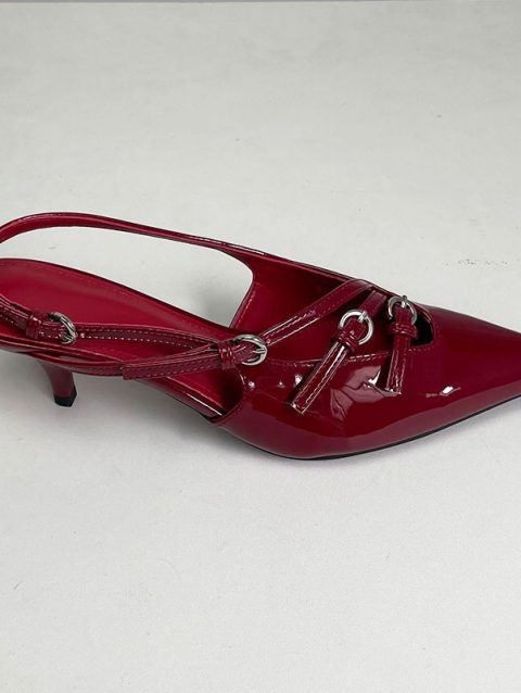 Female Red Footwear Women Medium Heels Shoes Luxury Fashion Metal Buckle Pointed Toe Ladies Thin Heels Pumps Shoes Big Size 43