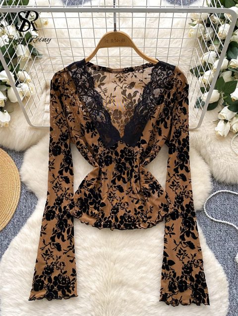 SINGREINY Senior Print Mesh Women Tops Long Sleeves Lace Deep V Neck Sexy T-Shirt Streetwear 2025 Autumn Inside Short Blouse