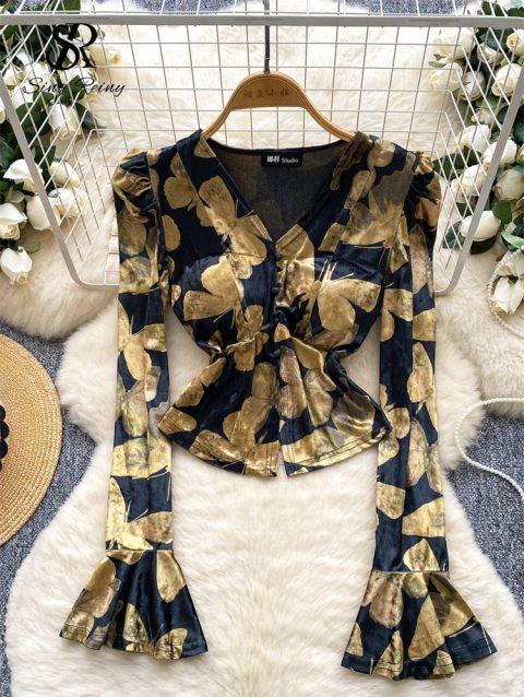 SINGREINY Fashion Butterfly Print Velvet Tops V Neck Flared Sleeve Short Sexy T-Shirt Autumn Senior Elegant Evening Women Blouse