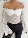 Fairyshely 2025 Sexy Spring White Lace Short Y2K Top Women Ruffle Off Shoulder Bodycon Tops Lady Long Sleeve Club Party Clothes