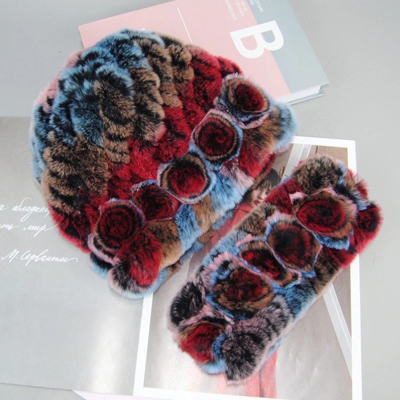 Fashion Lady Winter Natural Real Rex Rabbit Fur Hat Scarf High Quality Women Knit 100% Genuine Fur Hat Muffler Sets Girl Fur Cap - Image 2