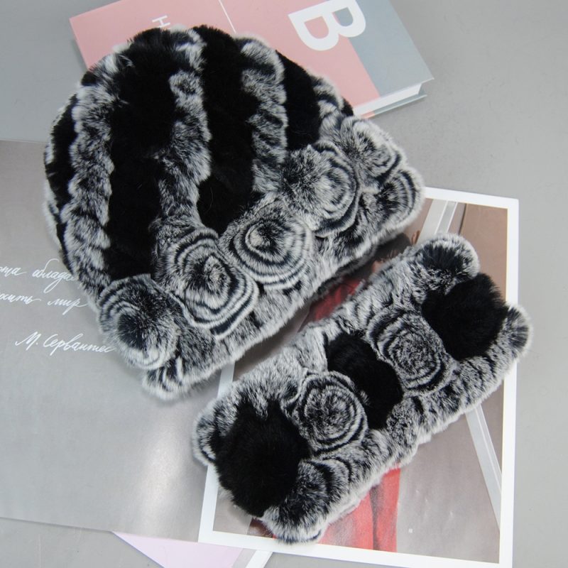 Fashion Lady Winter Natural Real Rex Rabbit Fur Hat Scarf High Quality Women Knit 100% Genuine Fur Hat Muffler Sets Girl Fur Cap - Image 5