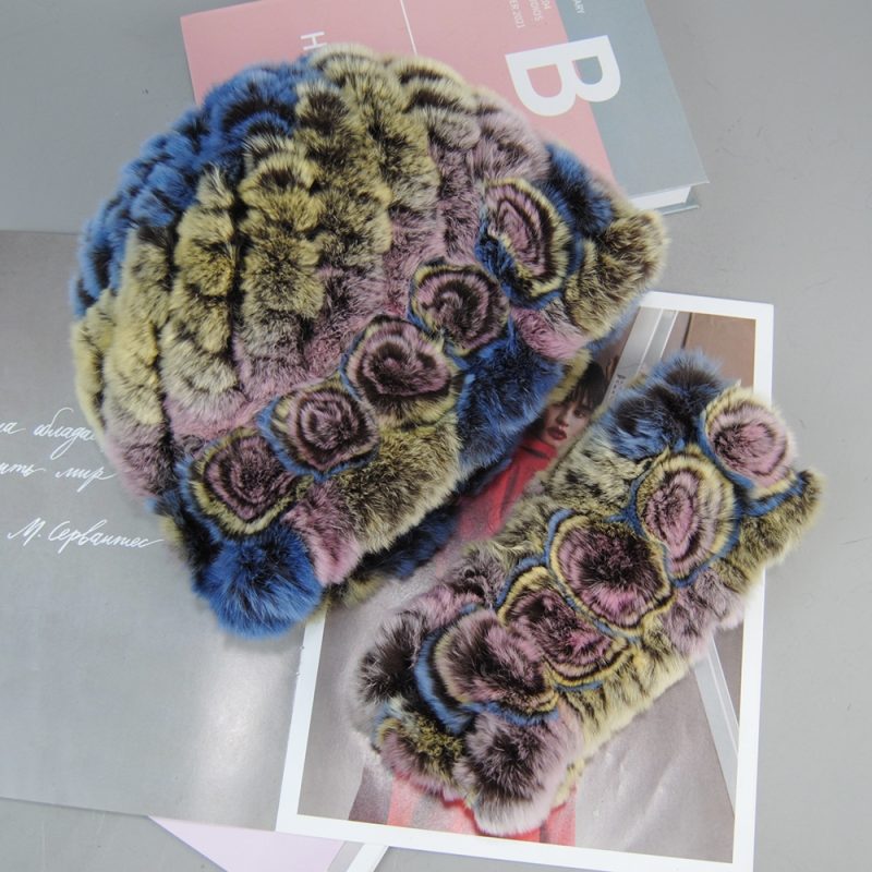 Fashion Lady Winter Natural Real Rex Rabbit Fur Hat Scarf High Quality Women Knit 100% Genuine Fur Hat Muffler Sets Girl Fur Cap - Image 9