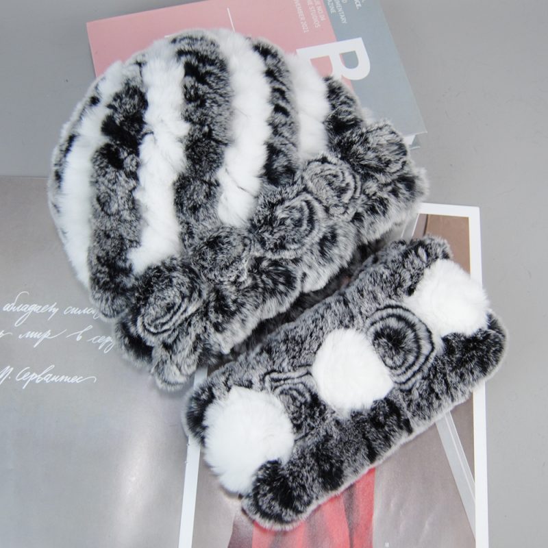 Fashion Lady Winter Natural Real Rex Rabbit Fur Hat Scarf High Quality Women Knit 100% Genuine Fur Hat Muffler Sets Girl Fur Cap - Image 10