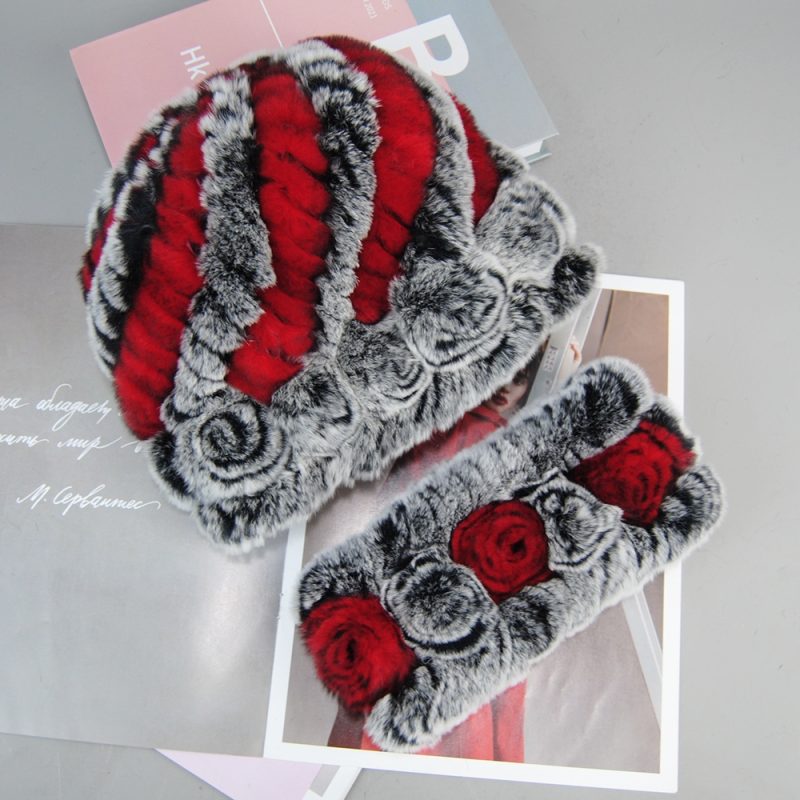 Fashion Lady Winter Natural Real Rex Rabbit Fur Hat Scarf High Quality Women Knit 100% Genuine Fur Hat Muffler Sets Girl Fur Cap - Image 15