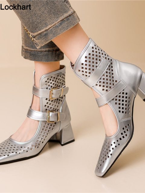 Summer Sexy Brand Gold Silver Gladiator Sandals Platform Summer Mesh Grid Buckle Thick Heels Ankle Boots Roman Sandals For Woman