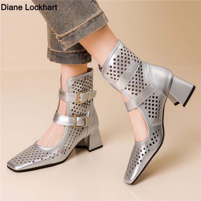 Summer Sexy Brand Gold Silver Gladiator Sandals Platform Summer Mesh Grid Buckle Thick Heels Ankle Boots Roman Sandals For Woman