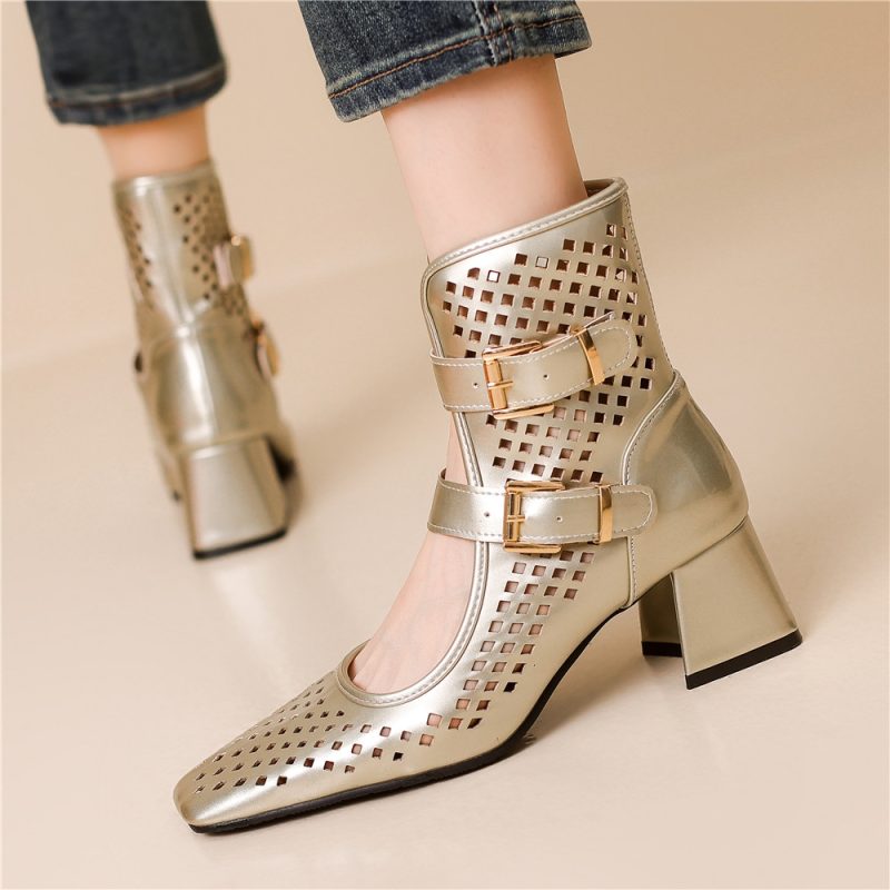 Summer Sexy Brand Gold Silver Gladiator Sandals Platform Summer Mesh Grid Buckle Thick Heels Ankle Boots Roman Sandals For Woman - Image 2