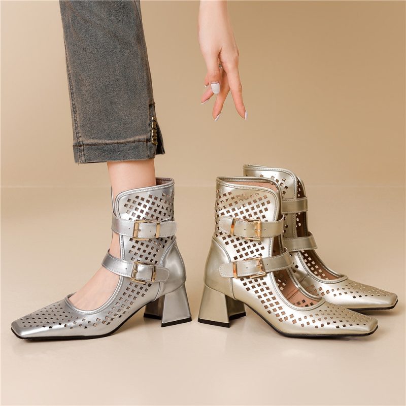 Summer Sexy Brand Gold Silver Gladiator Sandals Platform Summer Mesh Grid Buckle Thick Heels Ankle Boots Roman Sandals For Woman - Image 4