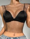 Sexy Top Women Shiny Rhinestone Fishnet Women Y2K Tank Crop Tops See Through Summer Beach Cover Up Tops Party Nightclub Clothing