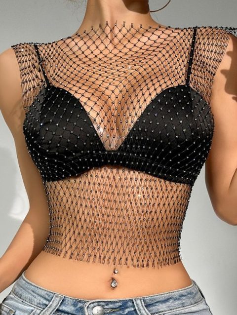 Sexy Top Women Shiny Rhinestone Fishnet Women Y2K Tank Crop Tops See Through Summer Beach Cover Up Tops Party Nightclub Clothing